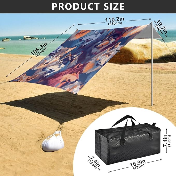Wolves Colorful Beach Tent Sun Shelter 9.2' x 10.5' Beach Canopy with 4 Sandbags 4 Stability Poles Sand Shovels - Tent Canopy for Beach Camping Fishing Picnics