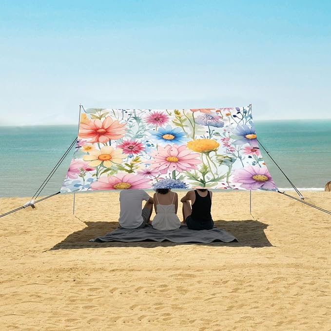 Watercolor Small Flowers Beach Tent Sun Shelter 9.2' x 10.5' Beach Canopy with 4 Sandbags 4 Stability Poles Sand Shovels - Tent Canopy for Beach Camping Fishing Picnics