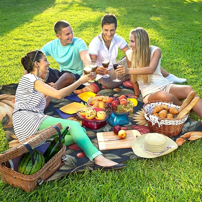 Waterproof Sandproof Beach Blanket 59''×68'' Sunflower Pumpkin Polyester Outdoor Picnic Blanket with 4 Stakes &amp Storage Bag for BeachCampingVacation Food