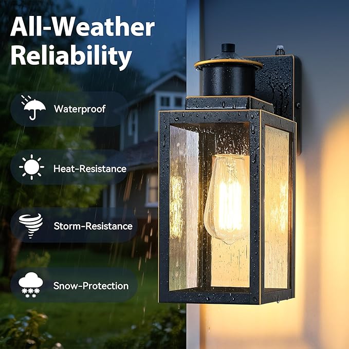 BesLowe 2-Pack Dusk to Dawn Outdoor Wall Lights Modern Porch Lights Outdoor Sconces with Seeded Glass Exterior Lighting Fixtures Outside Lights for House Front Door Garage Black with Gold Trim