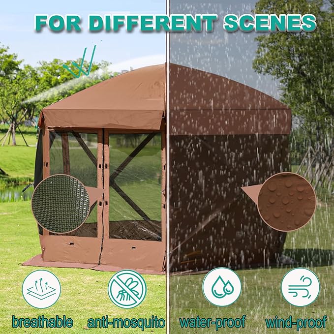 10 x 10 FT Pop Up Screen Tent Portable Outdoor Camping Gazebo with Ground Stakes and Carry Bag Brown