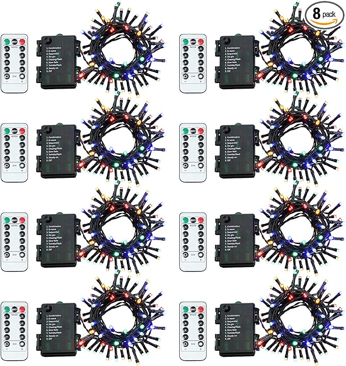 Tuanse 8 Pack Battery Operated Outdoor Christmas Tree String Lights16.4 ft Mini Light Outdoor Christmas Lights with 50 Led of Dark Green Cable Lighting for Bedroom Garden Yard (Colorful Light)