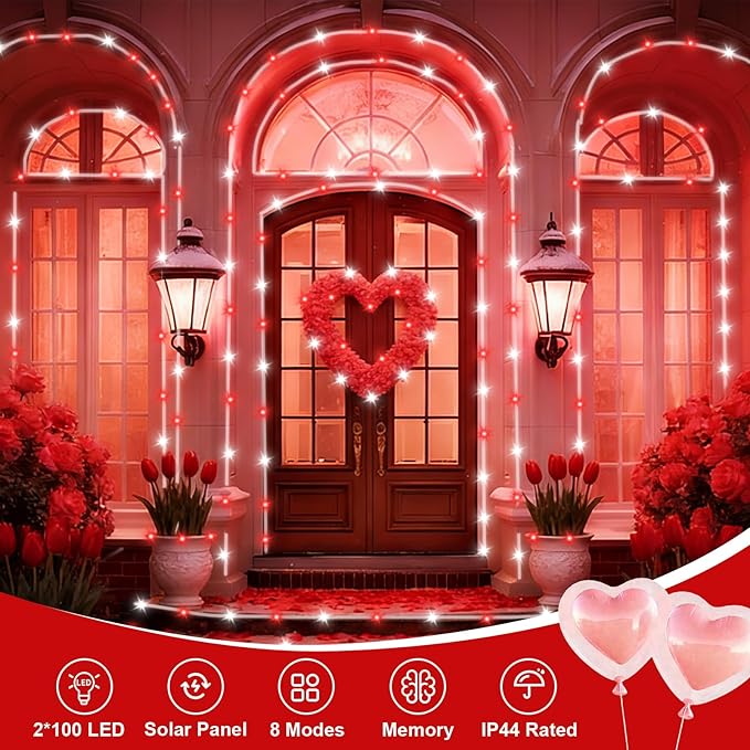 QITONG Red and White Solar Rope Lights 2 Pack Each 33ft 100 LED Christmas String Light 8 Modes Fairy Lights in Clear Thin Tube