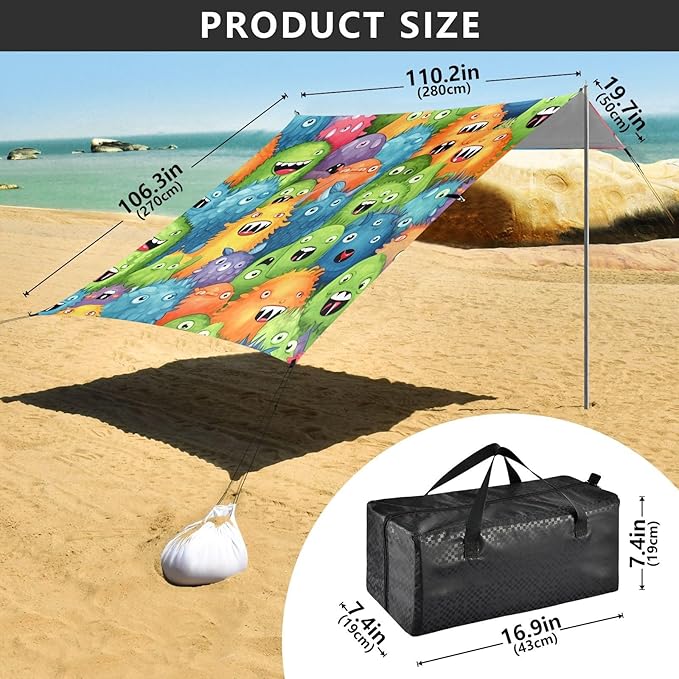 Cute Monster Cartoon PatternCamping Sun Shelters 9.2 x 10.5 FT Beach Canopy Tent Sun Shade with Carrying Bag for Camping Trips Fishing Backyard Fun or Picnics 21340129
