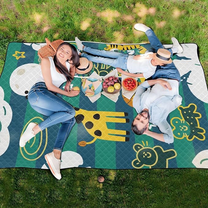KLL Funny Giraffe Monkey Stripe Green Blue Waterproof Picnic Accessories Sand Free Grass Camp Rug for Outdoorsy People Couples Gift estera de playa