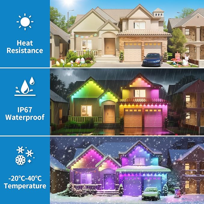 mw Permanent Outdoor Lights for House 100ft RGB+IC Eave Lights 50 Scene Modes App/Remote Control IP68 Waterproof Smart Outdoor Light for Christmas Halloween Party Decor House Roof Lighting