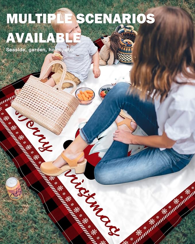 Beach Blanket Waterproof Sandproof Merry Christmas Cute Santa Winter Snowflake Quick Drying Beach Mat with 4 Stakes Red Hat Buffalo Check Lightweight Picnic Blanket for Travel Camping 118x108