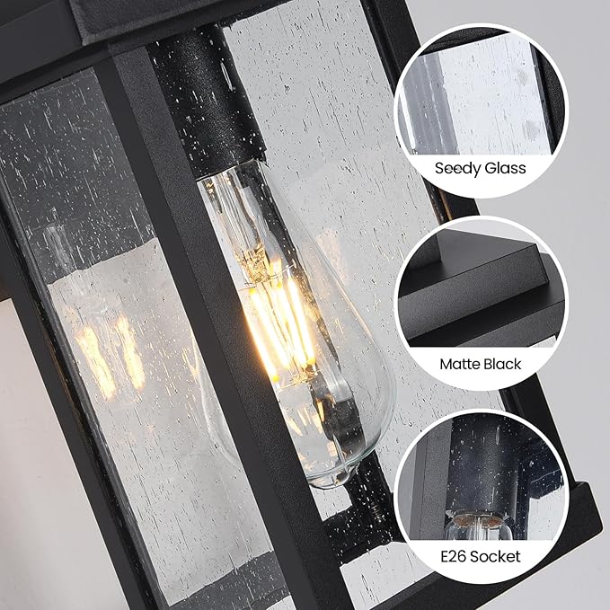 Black Exterior Light Fixtures 2 Pack Farmhouse Outdoor Wall Sconce Modern Front Porch Light with Seeded Glass for House Patio Garage Entrace