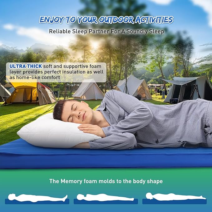 Buheco Sleeping Pad for Camping Self-Inflating 9.5 R Value 3 Ultra-Thick Memory Foam Comfort Plus Camping Mats for Backpacking Travelling &amp Hiking Portable Air Mattress for 4-Season Blue