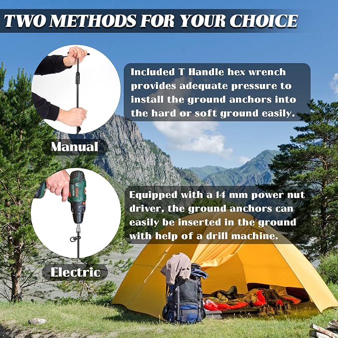 6 Pack Ground Anchor Heavy Duty Earth Anchors with T Handle Hex Wrench &amp Power Nut Driver Metal Stakes Ground Anchors Screw in for Swing Trampoline Tents Securing Animals