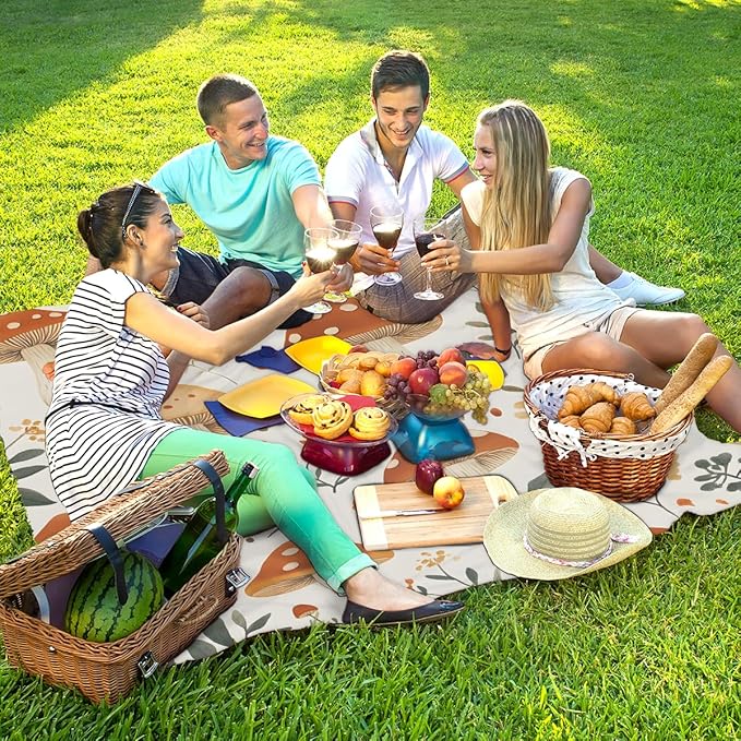 Waterproof Sandproof Beach Blanket 59''×68'' Plant Mushrooms Polyester Outdoor Picnic Blanket with 4 Stakes &amp Storage Bag for BeachCampingVacation White