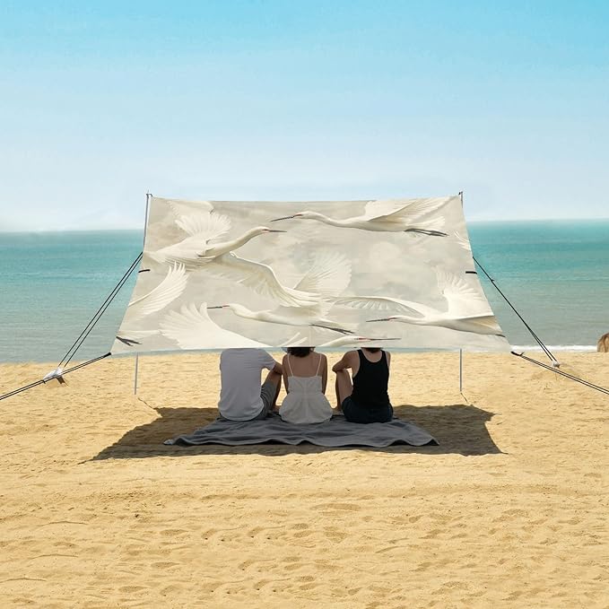White Swan Pattern Beach Tent Sun Shelter 9.2' x 10.5' Beach Canopy with 4 Sandbags 4 Stability Poles Sand Shovels - Tent Canopy for Beach Camping Fishing Picnics
