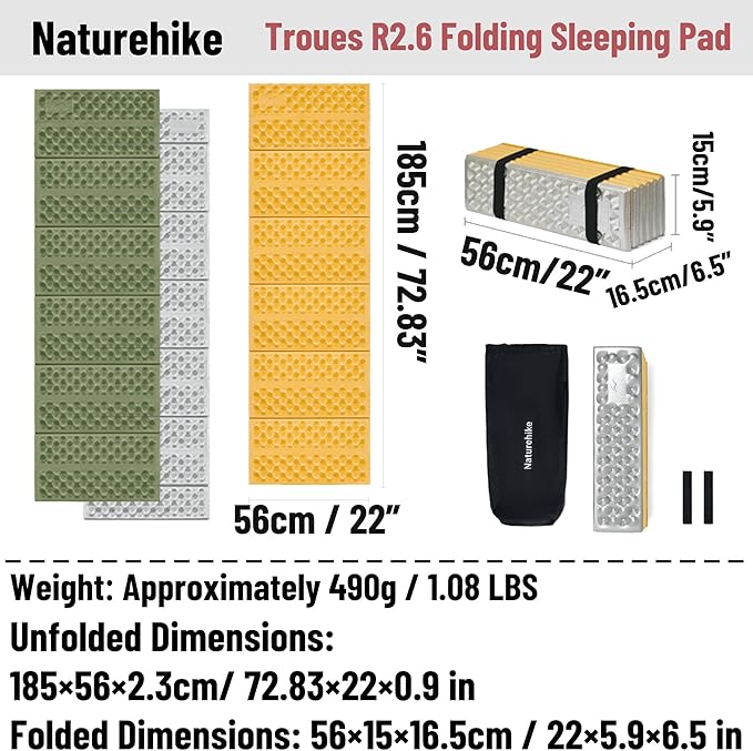 Naturehike Ultralight Foam Sleeping Pad - R1.8/R2.6/R3.0 Closed Cell Mattress Thick Portable Folding Mat for Backpacking Waterproof &amp Compact for Camping Hiking Travel and Car Camping