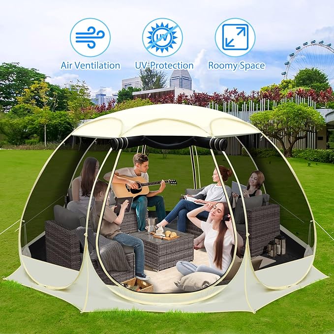 Eapele 12x12FT Pop Up Screen Room Sun Shade Shelter - Canopy Instant Screen House - 8 Sides Netting and 360-Degree Ventilation Screen Tent with Removable Floor Fits 8-10 People