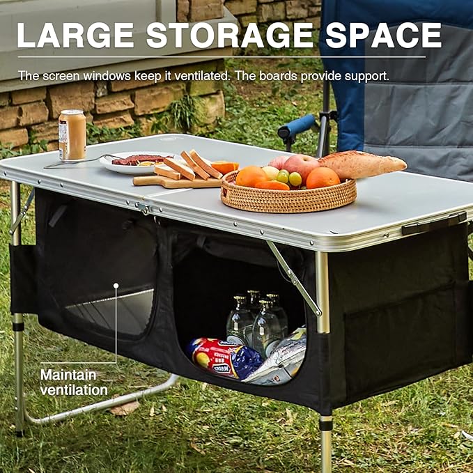 EVER ADVANCED Folding Camping Table with Storage 4 ft * 2 ft Aluminum Composite Desktop &amp Adjustable Legs Outdoor Kitchen Table for Tailgating Backyard BBQ and Picnic