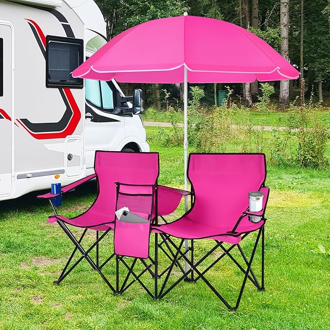Double Beach Chair 2-Person Portable Loveseat w/Removable Umbrella Cup Holders &amp Carrying Bag Folding Camping Chairs for Adults Outdoor Picnic (Pink)