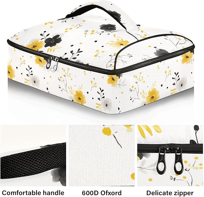 Casserole Carrier Black and Yellow Flowers PaternInsulated Casserole Carrier for Hot or Cold Food Thermal Lunch Tote for Potluck Parties Picnic Beach Fits 9 x 13 Inches Baking Dish