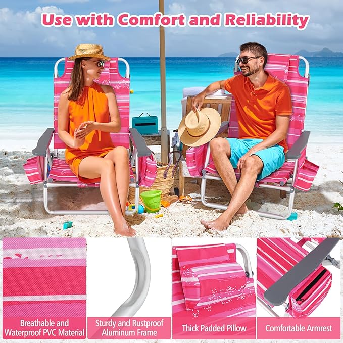 2-Pack Folding Beach Chairs Outdoor Patio Lawn Lounger with 5 Adjustable Position Cooler Pouch Headrest &amp Accessories Portable Camping Chairs for Outdoor Relaxation (2 Pink Stripe)
