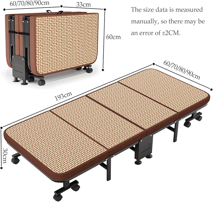 Folding Bed Single Camping Bed Space Saving Rattan Woven Mattress Fabric 360° Noise Reduction Universal Wheels 60/70/80/90x190CM Load Capacity 240KG(80cm)