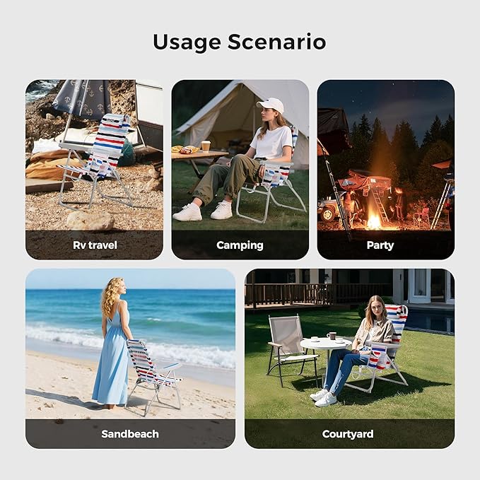 SUNNYFEEL Portable Beach Chair High Back Folding Beach Chair Lightweight Camp Chair with Reclining Position Backpack Lounger for Beach Camping Lawn Outdoor Red Blue White Striped
