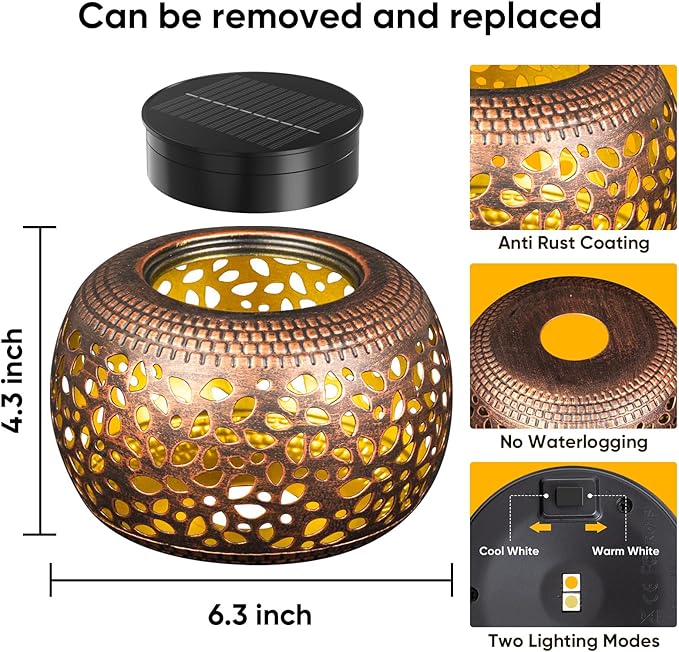 Solar Lanterns Outdoor Waterproof Decor: 2 Pack Red Copper Hollow Out Retro Metal Solar Lights - Unique Gardening Gifts for Women Mom - Outside Patio Porch Yard Tabletop Decorations 2 Lighting Modes