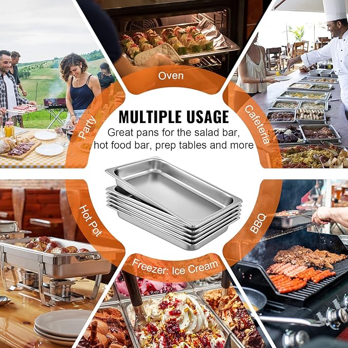 VEVOR Hotel Pans Full Size 2.5 Inch Deep Steam Table Pans 6 Pack0.8mm Thick Stainless Steel Hotel Pan Anti Jam Steam Table Pan for Home Party Restaurant Hotel Buffet