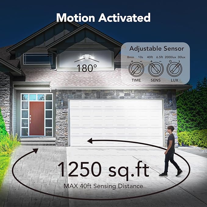 OREiN 2 Pack Motion Sensor Outdoor Lights 450° Superwide Adjustment Dimmable Dusk to Dawn Flood Lights Outdoor 5000K 12W=150W Outside LED Security Lights IP65 White (Hardwired)