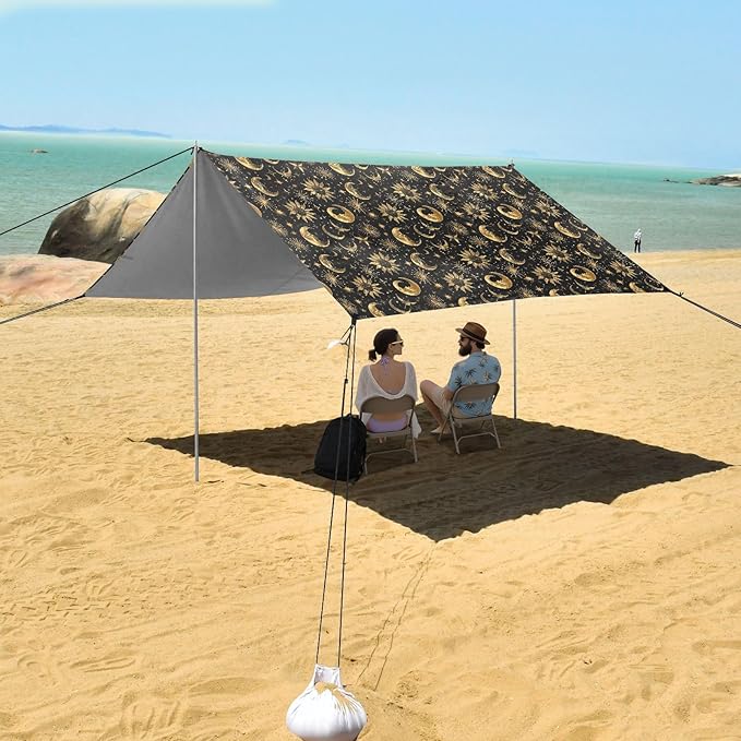 ALAZA Sun Crescent Moon Star Beach Tent Sun Shelter UPF50+ Protection Beach Shade Canopy w/ 4 Sandbags for Outdoor Camping Fishing Backyard Fun Picnic 10x9 ft