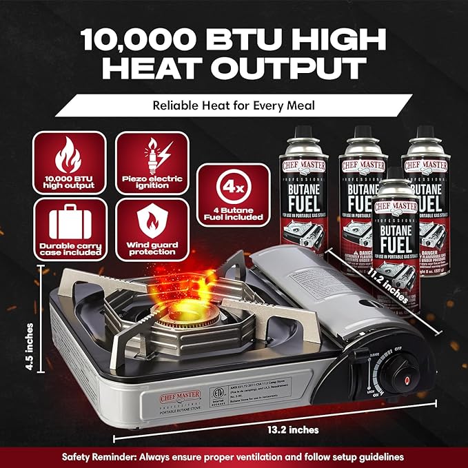 Chef-Master 90011 Butane Countertop Stove 10 000 BTU Portable with Carry Case High Performance Piezo Ignition Brass Burner Safety Stop
