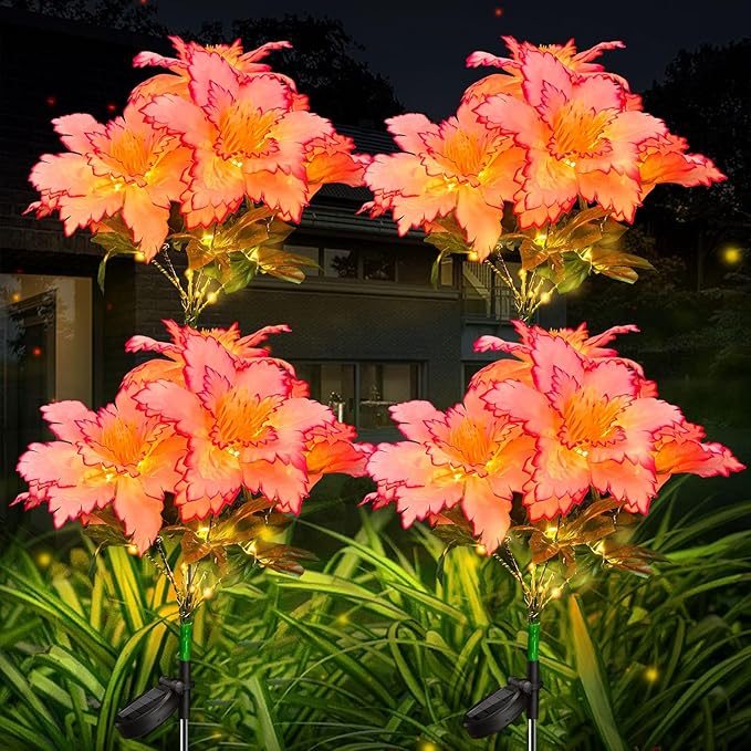 Neporal Solar Flowers Outdoor Waterproof Rhododendron Garden Solar Lights Decorative 4PK 7-Stem 2 Decor Lighting Modes Solar Powered Garden Decor Solar Yard Decor (Pink)