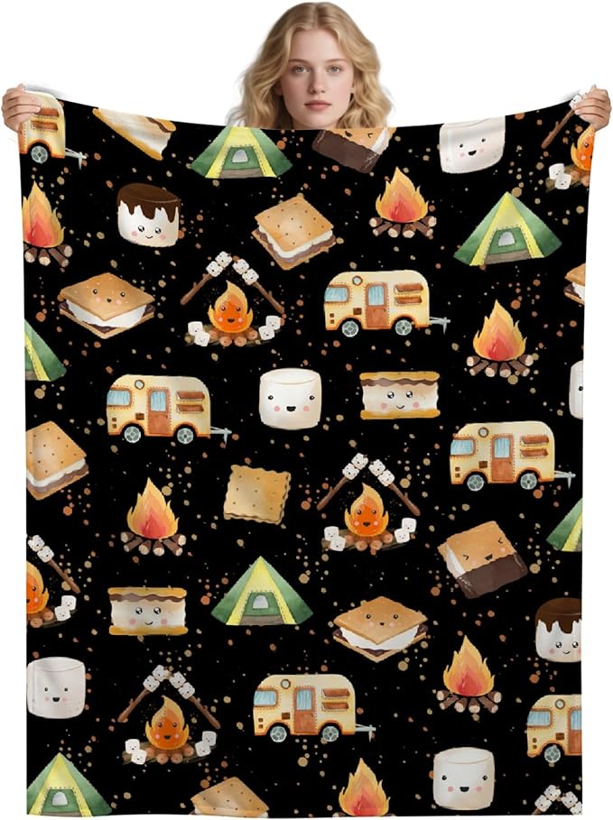 Cute S'Mores Flannel Blanket | Ultra Soft Roasted Marshalows Throw for Couch/Sofa/Travel/Camping | Camping Blanket Gifts for Camper Lover Decor - 40x50-Kids/Throw Size