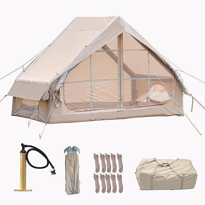 Inflatable Glamping Tent with Pump – 4-6 Person 4-Season Waterproof Outdoor Shelter: Easy Setup &amp 12 Mesh Windows for Luxury Camping