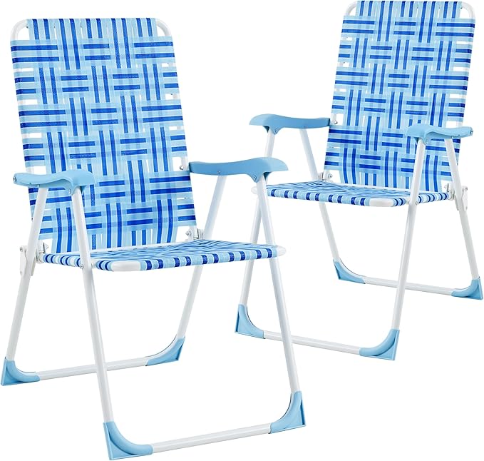 Yaheetech Set of 2 Outdoor Beach Camping Chair Folding Lawn Chair with Armrests for Adults Portable Robust Iron Frame Chairs for Patio Backyard Poolside Blue