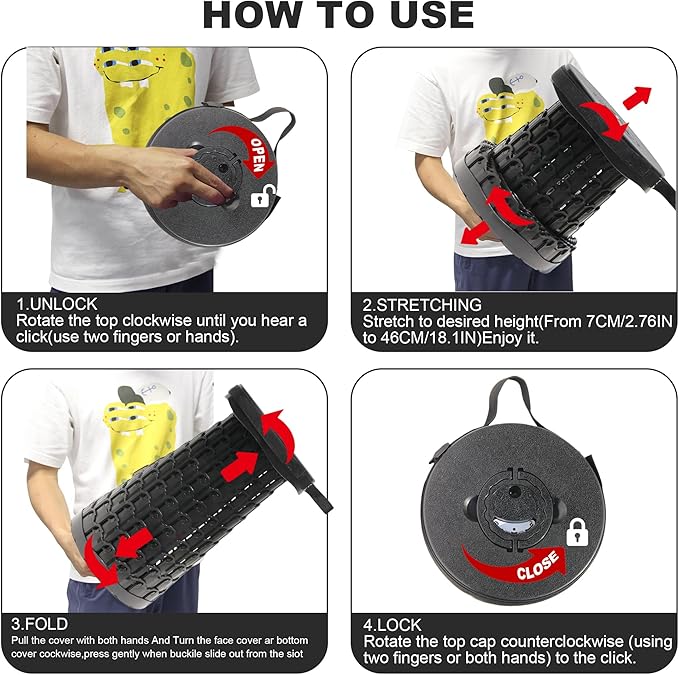 Upgraded Collapsible Stool with Cushion 880Lbs Max Weight Portable Folding Height Adjustable Lightweight Retractable Telescoping Stool for Camping Outdoors Fishing Hiking Travel BBQ with Carry Bag