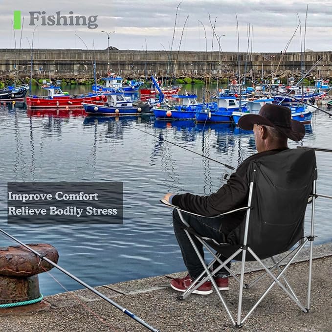 Portable Camping Chair with Back Support Folding Outdoor Padded Lawn Chair with Cup Holder Storage for Hiking Lawn Concert Fishing Iron Frame 600D Fabric