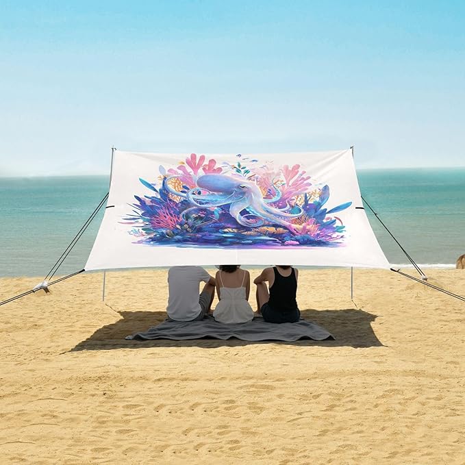 ALAZA Octopus Coral Beach Tent Sun Shelter UPF50+ Protection Beach Shade Canopy w/ 4 Sandbags for Outdoor Camping Fishing Backyard Fun Picnic 10x9 ft