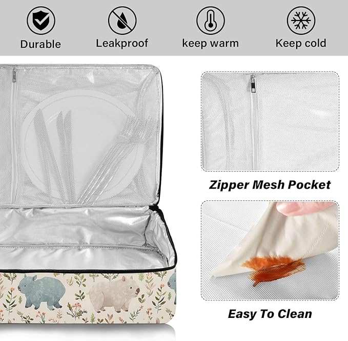 Casserole Carrier Cute Wombats PatternsInsulated Casserole Carrier for Hot or Cold Food Thermal Lunch Tote for Potluck Parties Picnic Beach Fits 9 x 13 Inches Baking Dish