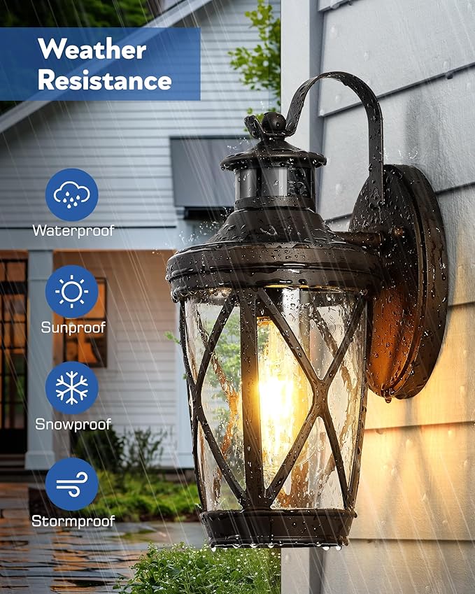 VIANIS Motion Sensor Outdoor Wall Lantern for Porch Oil Rubbed Bronze Exterior Lighting Fixtures Wall Mount 2-Pack Exterior Sconce Light with Tempered Seed Glass Outdoor Garage Lights for Coach