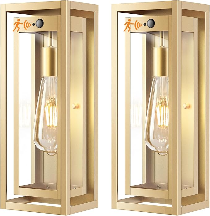 15 Motion Sensor Gold Outdoor Light Fixture Wall Mount 3 Lighting Modes Waterproof Anti-Rust Wall Sconces 2 Pack Exterior Lighting Fixtures for Front Door Porch Garage