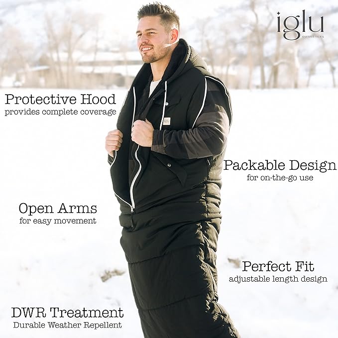 IGLU Outfitters Wearable Sleeping Bag Long Puffer Jacket Stadium Sack Camping Sports Stadiums Poncho Blanket