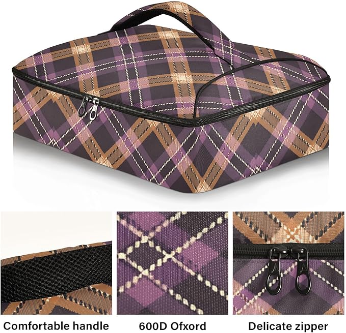Casserole Carrier Purple Brown Tartan Plaid Pattern Insulated Casserole Carrier for Hot or Cold Food Thermal Lunch Tote for Parties Picnic Travel Carry Bag