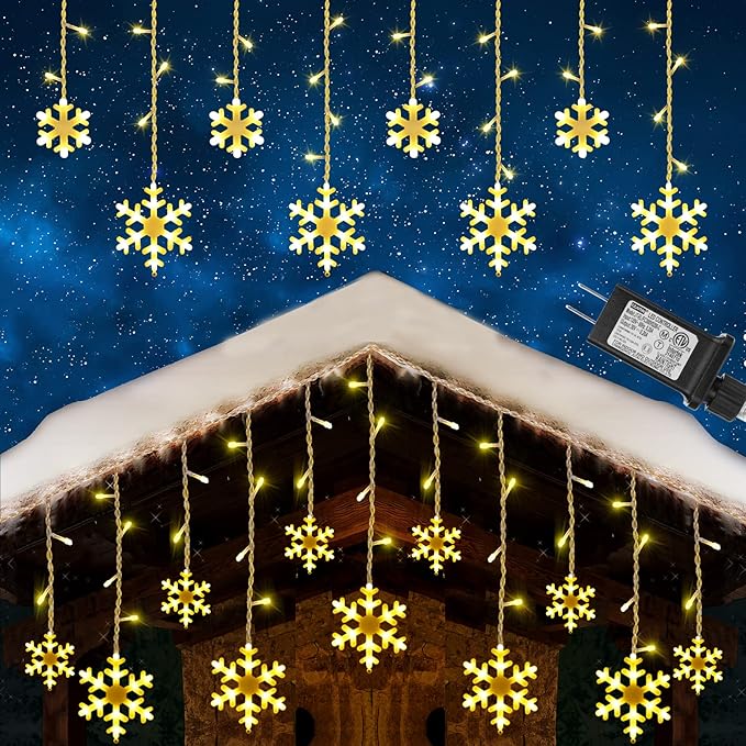 Toodour Christmas Snowflake Lights Outdoor 17.22ft 264 LED Snowflake Icicle Lights with 22 Drops Connectable 8 Modes Waterproof Warm White Christmas Light for Curtain Eaves Window Xmas Decor
