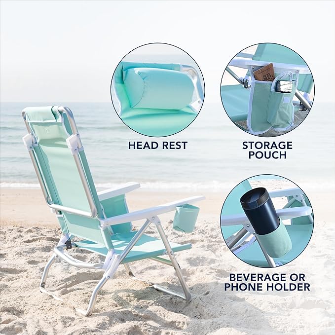 Caribbean Joe Folding Beach Chair 5 Position Lightweight Portable Reclining Outdoor Camping Chair with Headrest Shoulder Strap and Cup Holder Mint