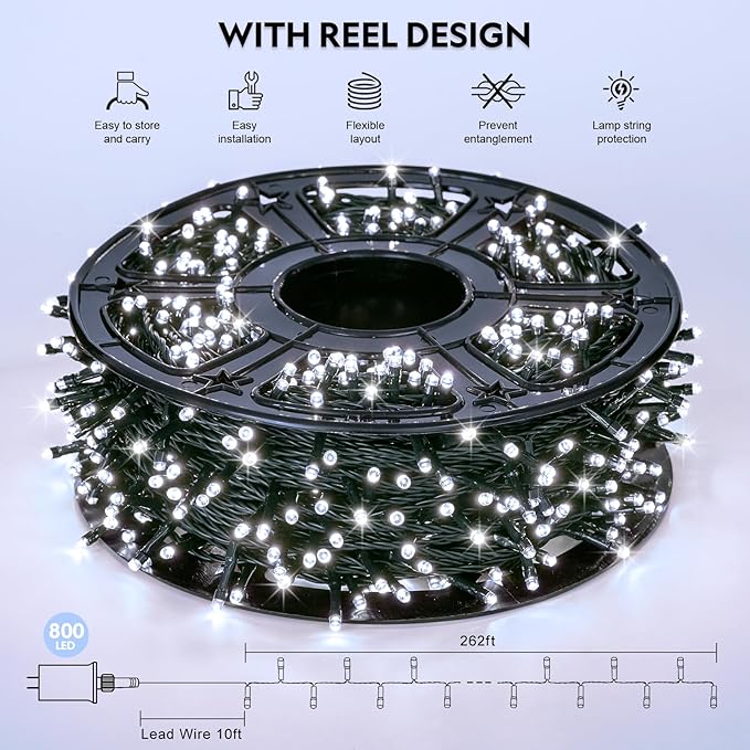 JMEXSUSS 800 LED White Christmas Lights Outdoor 272ft 8 Modes Christmas Tree Lights Green Wire Waterproof Led Christmas String Lights for Outside Indoor Xmas Party Tree Decor
