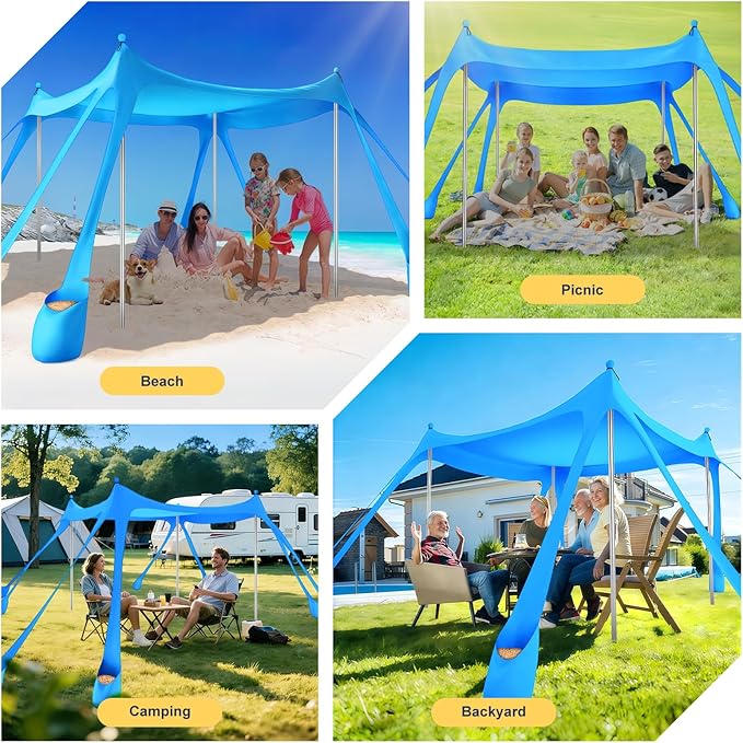 Beach Tent Sun Shelter UPF 50+10x10 FT Beach Canopy Tent Sun ShadePop Up Beach Canopy with 8 Sandbags Outdoor Beach Shade for Camping Trips Fishing Backyard Fun Picnics (Sky Blue)