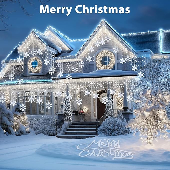 Minetom Snowflake Icicle Lights Outdoor 20FT 200 LED Icicle Christmas Lights with Timer 24 Drops 8 Modes Waterproof Christmas Light for Outdoor Outside Holiday Decoration Pure White