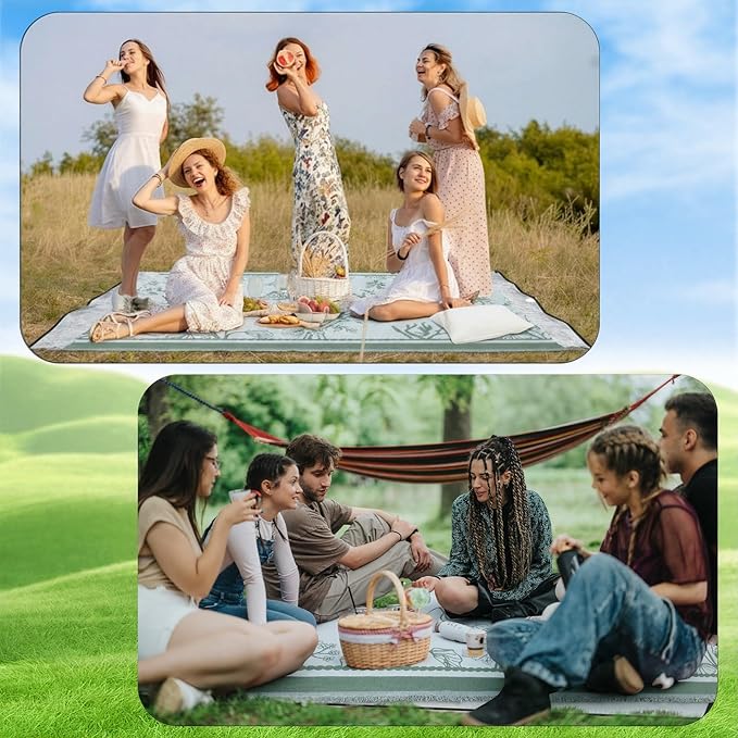 91x 71 in Extra Large Outdoor Picnic Blanket with Waterproof Mat Oversize Beach Woven Cotton Yarn Blanket with Fringe Machine Sandproof for Spring Summer Camping Beach Park(PlantsGreen)