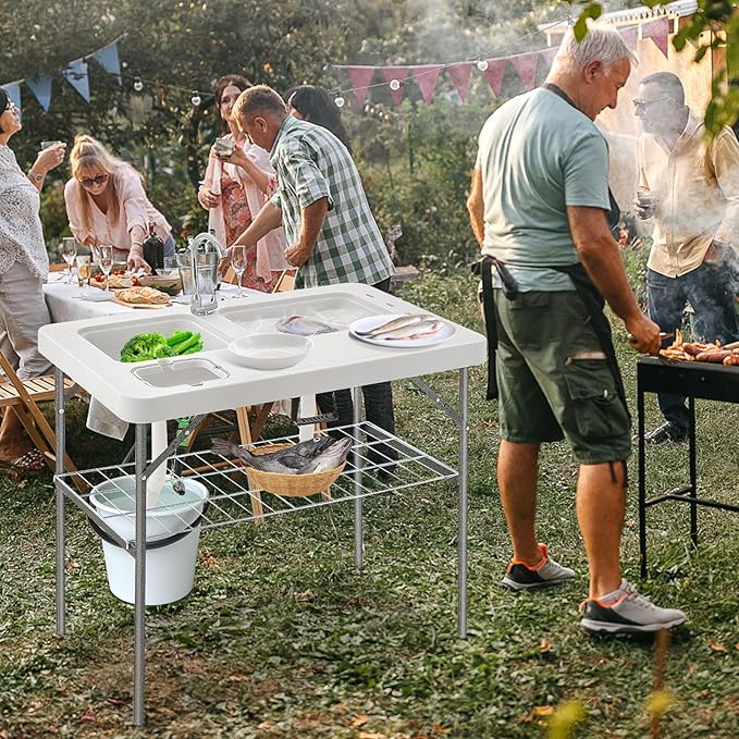 Goplus 40'' Folding Fish Cleaning Table with Dual Water Basins Faucet Drainage Hose &amp Sprayer Portable Camping Sink Table Outdoor Fish Fillet Cleaning Station with Grid Rack for Picnic