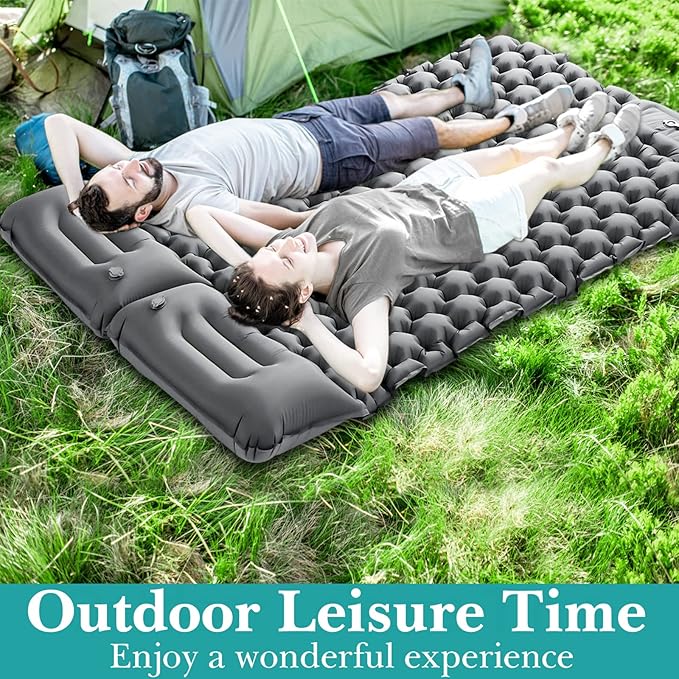 Double Sleeping Pad Camping Self Inflating 4'' Extra-Thick 2 Person Pillow Built-in Foot Pump Waterproof Inflatable Sleeping Mat Backpacking Tent Hiking Portable Camping Pad (Grey-Full)