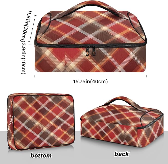 Casserole Carrier Red and Brown Tartan Pattern Insulated Casserole Carrier for Hot or Cold Food Thermal Lunch Tote for Parties Picnic Travel Carry Bag